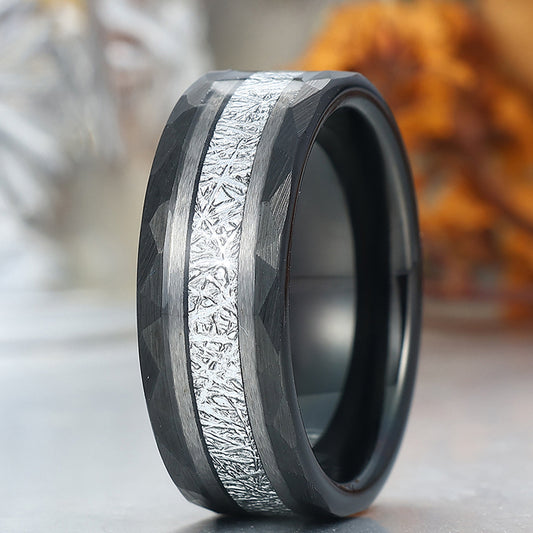 Unique Men's White Meteorite Inlay 8mm Tungsten Wedding Ring - Black, Rose, Yellow Gold Anniversary & Promise Band
