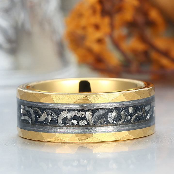 Engravable 8mm Hammered Tungsten Wedding Ring With Black Meteorite Men's Anniversary Band