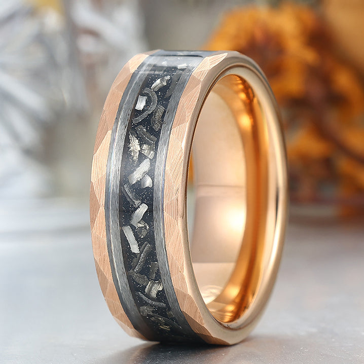 Engravable 8mm Hammered Tungsten Wedding Ring With Black Meteorite Men's Anniversary Band