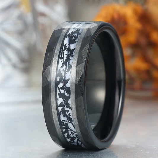 Hammered Tungsten Inlaid Black Rutilated Quartz Men's 8mm Wedding Ring - Black, Rose or Yellow Gold Promise Ring