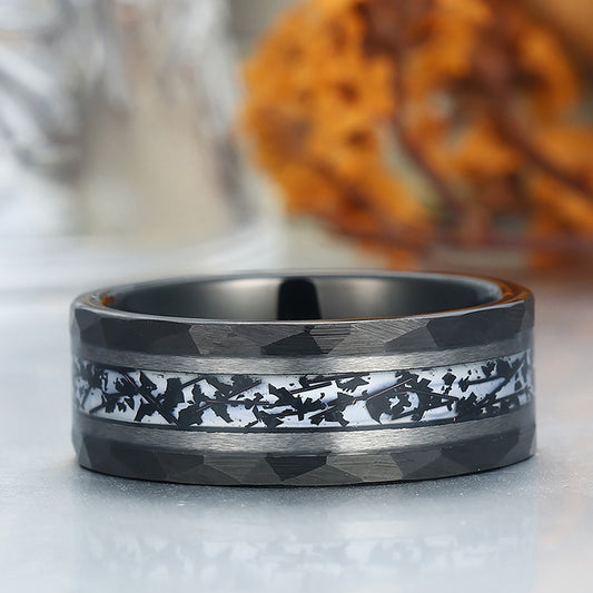 Hammered Tungsten Inlaid Black Rutilated Quartz Men's 8mm Wedding Ring - Black, Rose or Yellow Gold Promise Ring