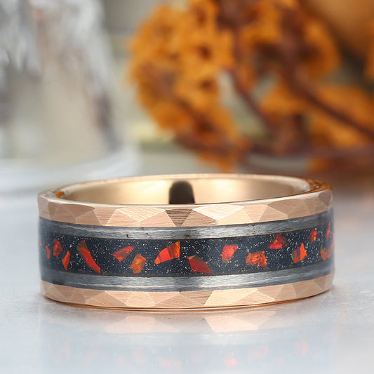 Hammered Red Opal 8mm Wide Men' s Tungsten Wedding Band Stylish Unisex Ring