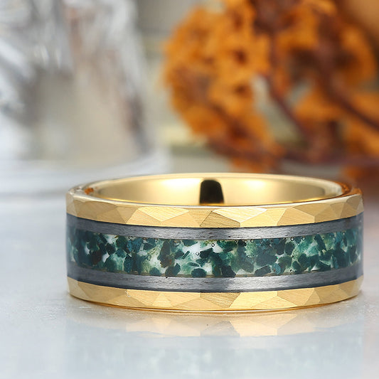 Unique Men's Moss Agate Tungsten Engagement Ring Engravable Wedding Band Silver/Black/Yellow Gold Anniversary Ring