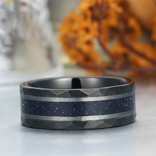 Starry Dark Blue Sandstone Wide Men' s Tungsten Wedding Band Promise Hammered Unisex Ring