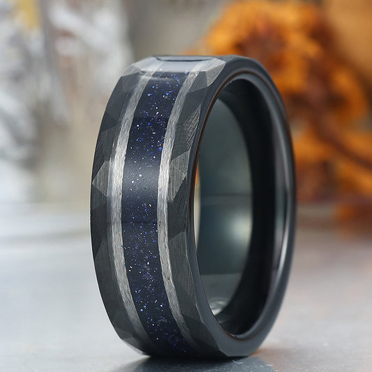 Starry Dark Blue Sandstone Wide Men' s Tungsten Wedding Band Promise Hammered Unisex Ring