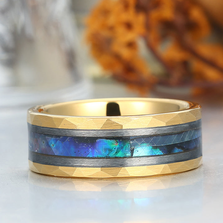 Stylish Men's 8 mm Hammered Tungsten Inner Engravable Wedding & Anniversary Ring Inset White Shell
