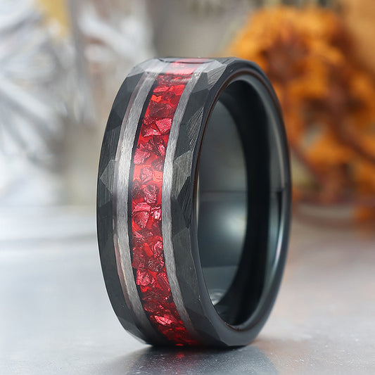 Dazzling Crushed Ruby Tungsten Anniversary Ring Men's 8mm Engravable Wedding Band