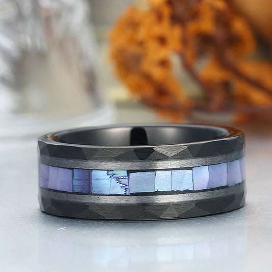 Hammered Tungsten Engravable Promise Ring With White Shell Inset Ideal Anniversary Ring