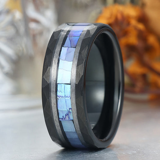 Hammered Tungsten Engravable Promise Ring With White Shell Inset Ideal Anniversary Ring