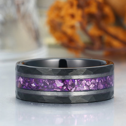 Amethyst Gemstone Inset Wedding Band Men's 8mm Personalized Anniversary Hammered Tungsten Ring