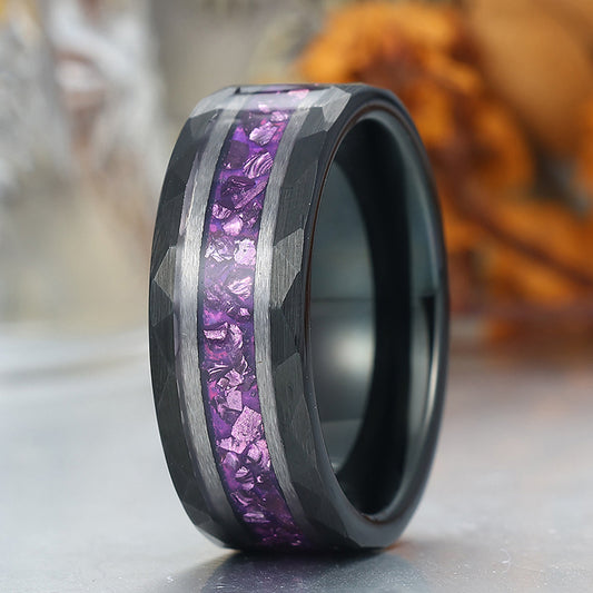Amethyst Gemstone Inset Wedding Band Men's 8mm Personalized Anniversary Hammered Tungsten Ring