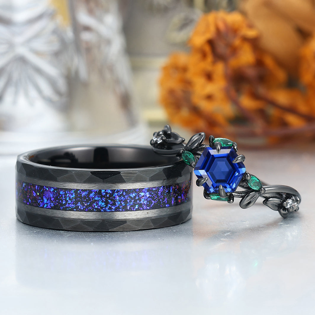 Unique Sapphire Engagement Leaves Couple Rings Black Plated Matching His And Hers Wedding Bands