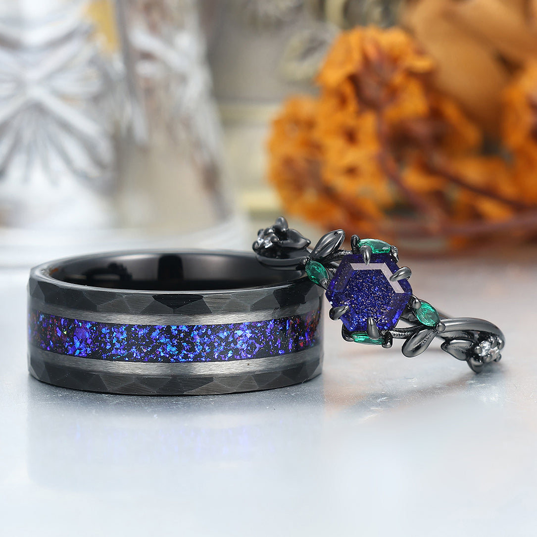 Sparkling Galaxy Sandstone Engagement Leaves Couple Rings S925 And Tungsten His And Hers Wedding Bands