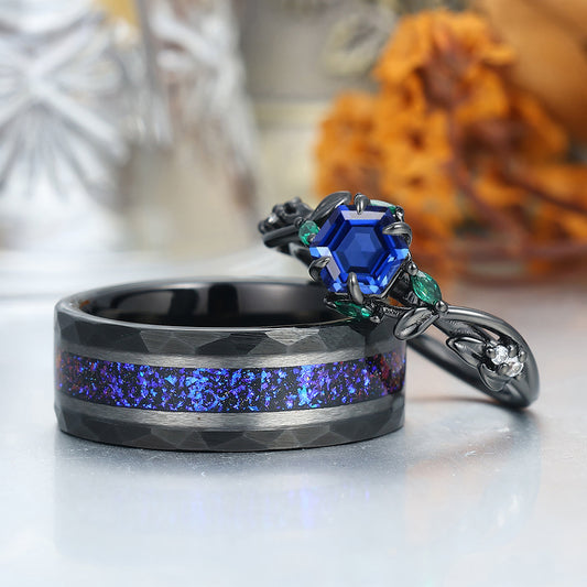 Unique Sapphire Engagement Leaves Couple Rings Black Plated Matching His And Hers Wedding Bands