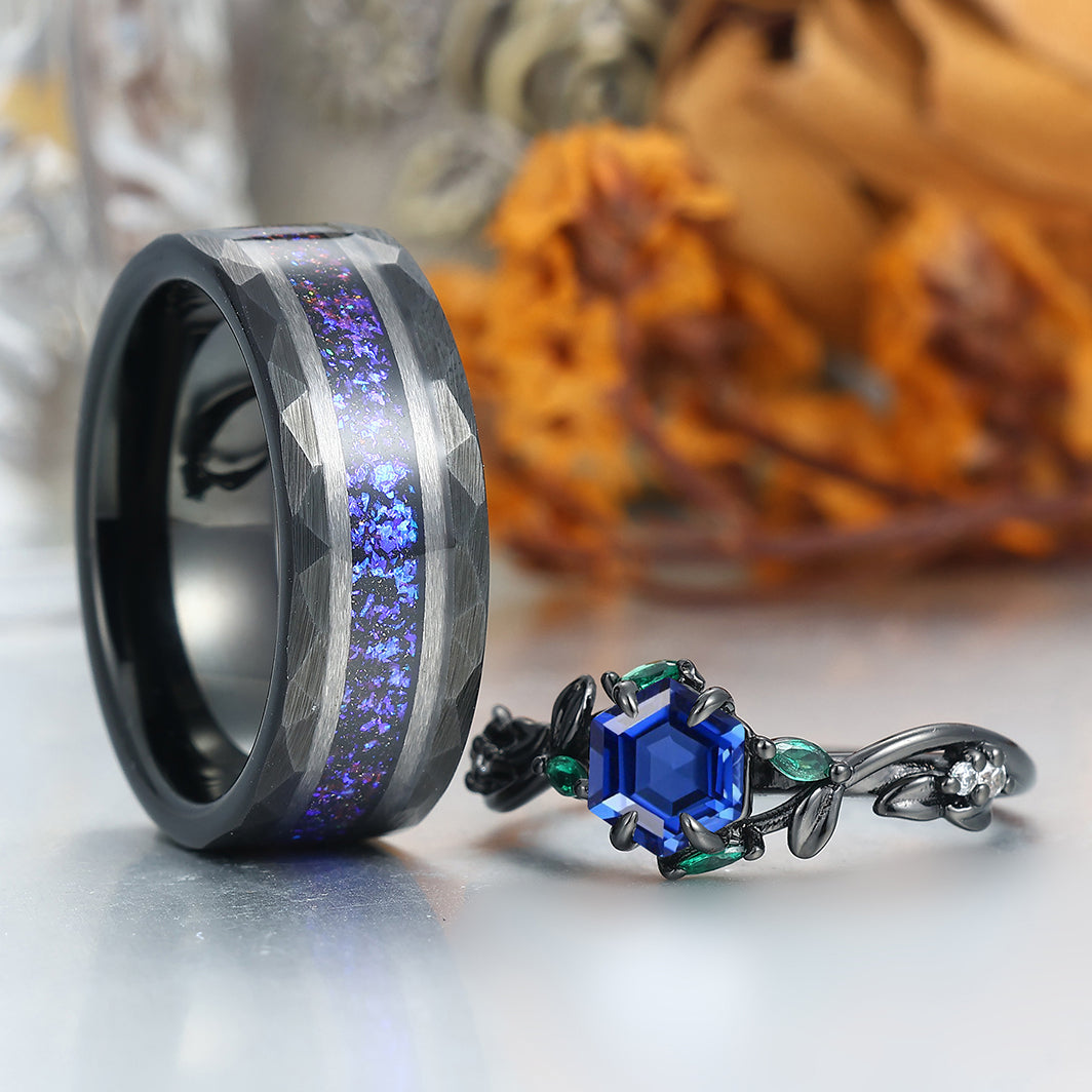 Unique Sapphire Engagement Leaves Couple Rings Black Plated Matching His And Hers Wedding Bands