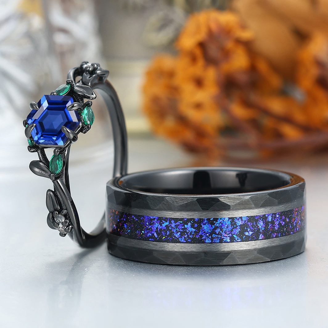 Unique Sapphire Engagement Leaves Couple Rings Black Plated Matching His And Hers Wedding Bands