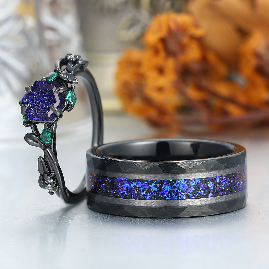 Sparkling Galaxy Sandstone Engagement Leaves Couple Rings S925 And Tungsten His And Hers Wedding Bands