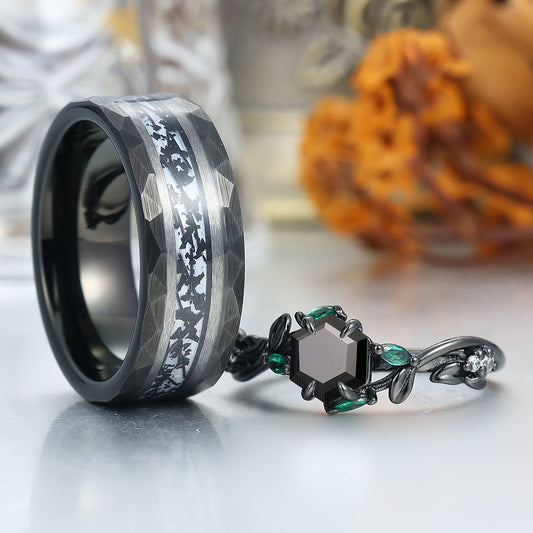 Unique Leaf Design Black Onyx Twig Engagement Couple Rings S925 And Tungsten Black Plated Marriage Ring