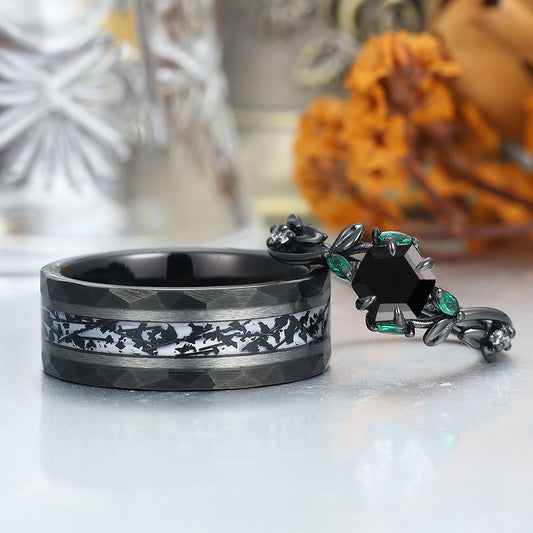 Unique Leaf Design Black Onyx Twig Engagement Couple Rings S925 And Tungsten Black Plated Marriage Ring