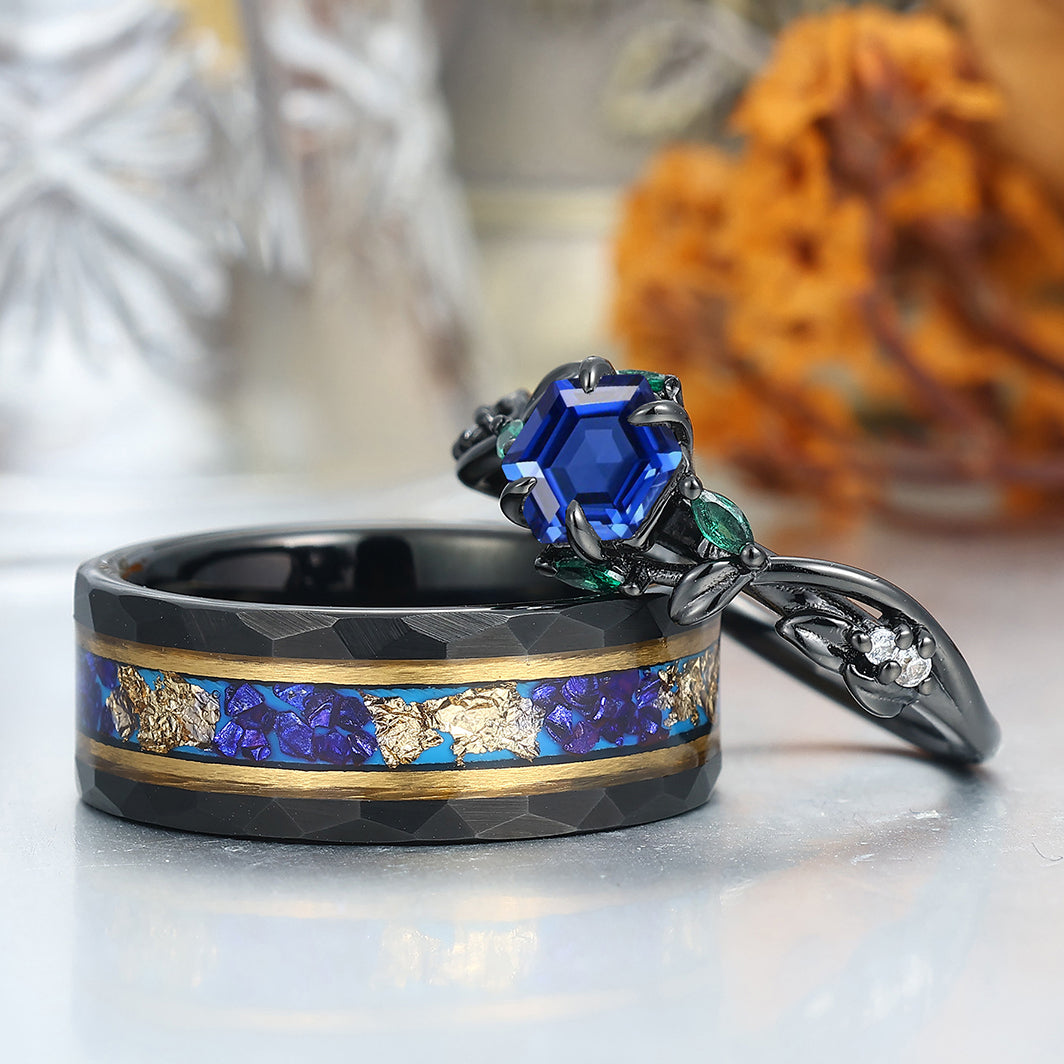 Dainty Sapphire Leaves Branches Couple Rings Promise Matching Tungsten Wedding Band For Couples