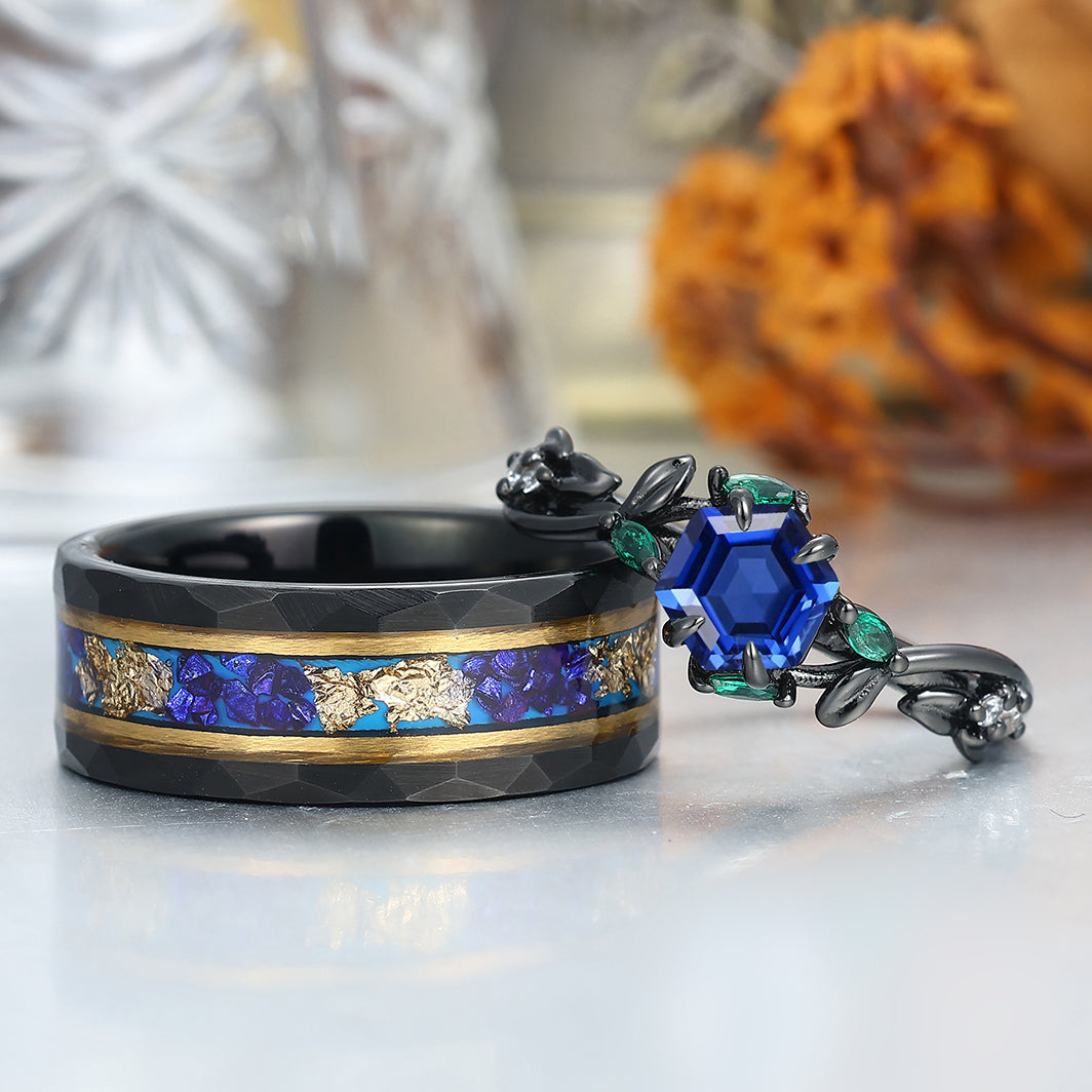 Dainty Sapphire Leaves Branches Couple Rings Promise Matching Tungsten Wedding Band For Couples