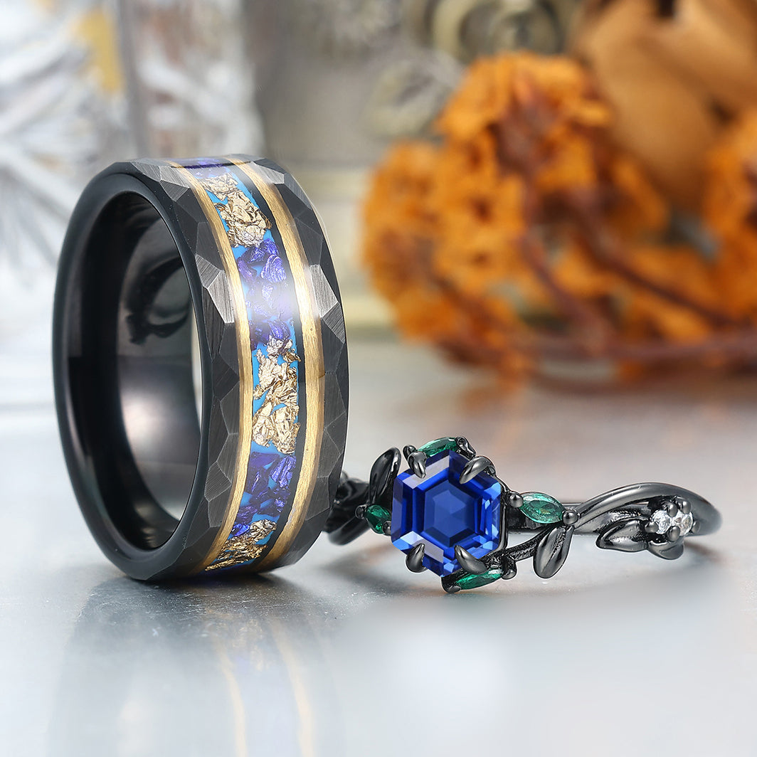 Dainty Sapphire Leaves Branches Couple Rings Promise Matching Tungsten Wedding Band For Couples