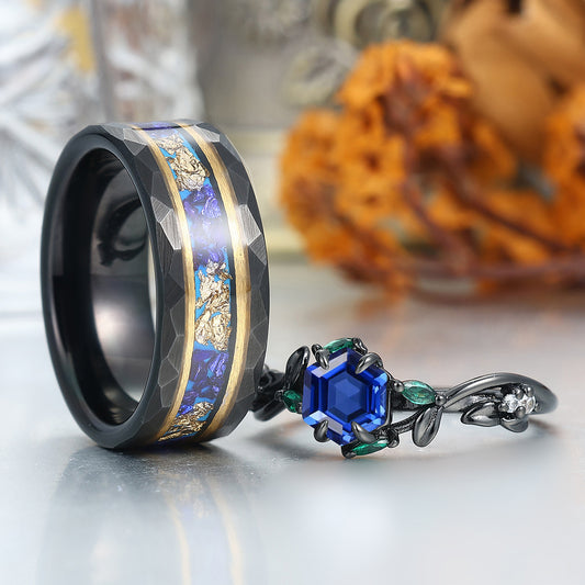 Dainty Sapphire Leaves Branches Couple Rings Promise Matching Tungsten Wedding Band For Couples