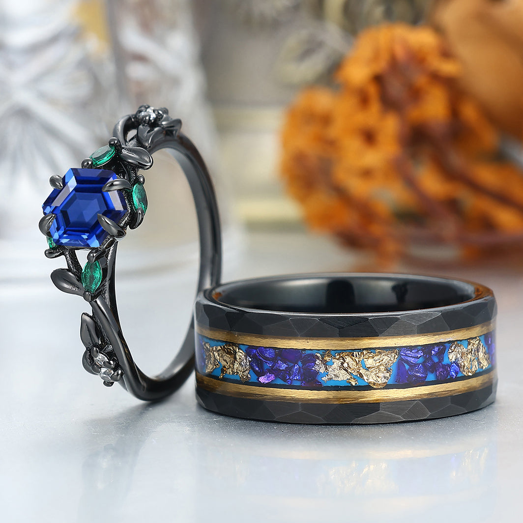 Dainty Sapphire Leaves Branches Couple Rings Promise Matching Tungsten Wedding Band For Couples