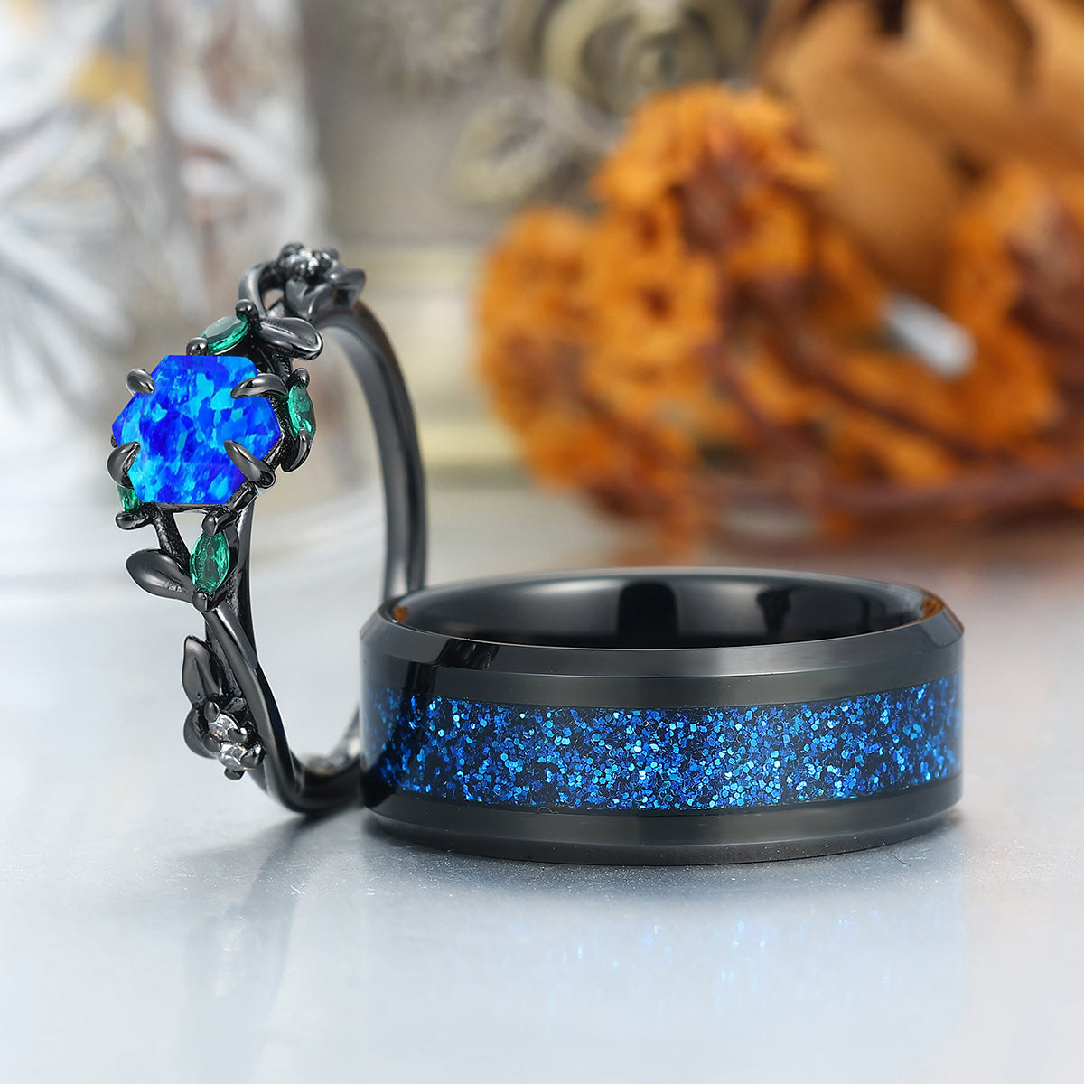 Enchanted Blue Opal Sprig Engagement Couple Rings Matching His And Hers Wedding Bands