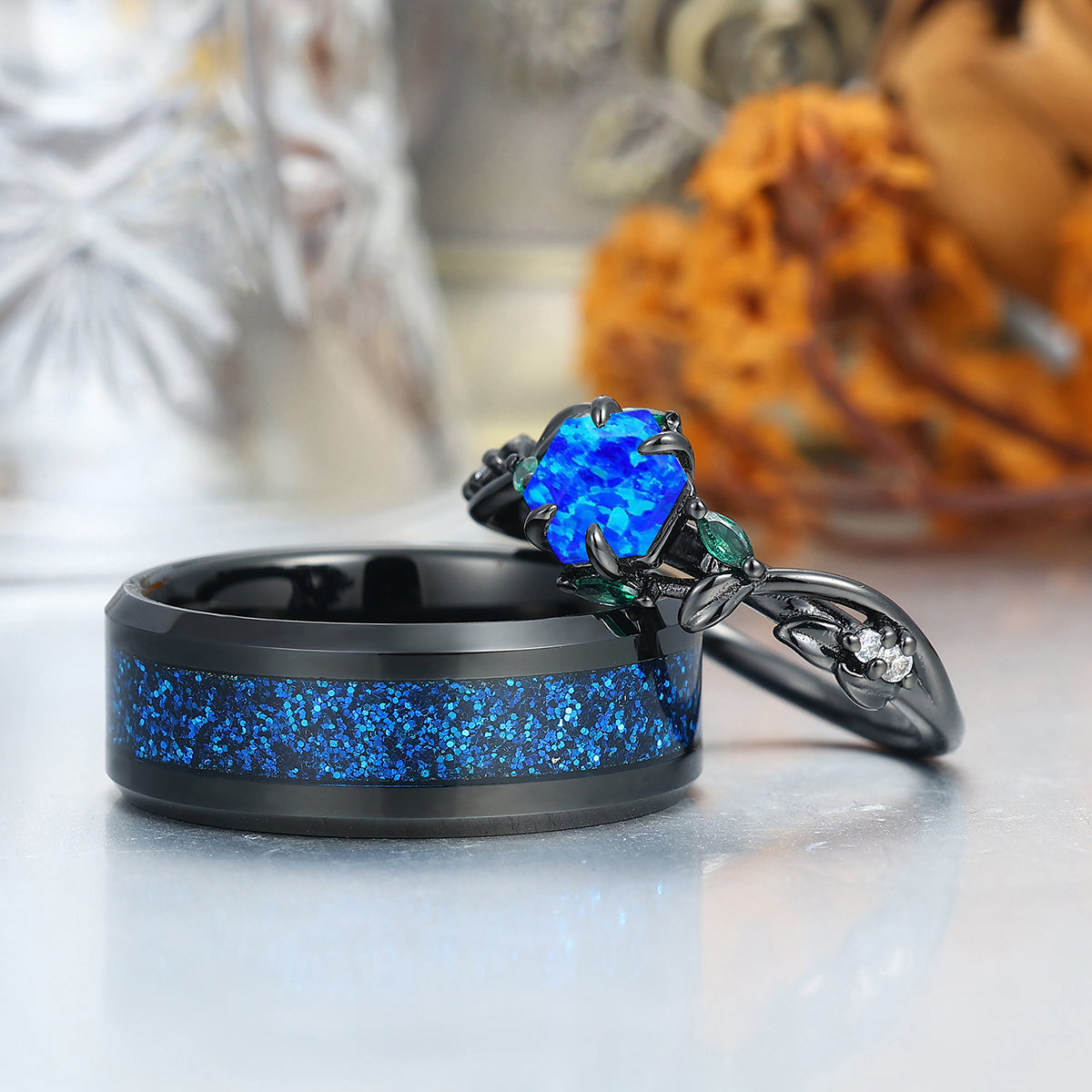 Enchanted Blue Opal Sprig Engagement Couple Rings Matching His And Hers Wedding Bands
