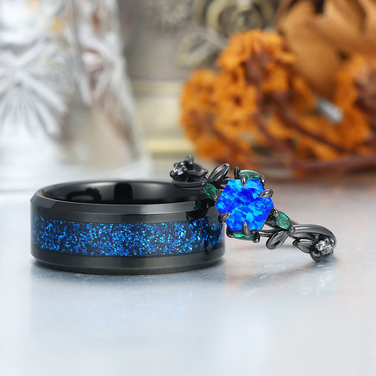 Enchanted Blue Opal Sprig Engagement Couple Rings Matching His And Hers Wedding Bands