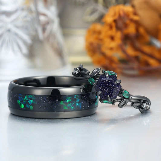 Art Deco Blue Sanstone Twigs Engagement Couple Rings Set Matching Black Tungsten Wedding Band