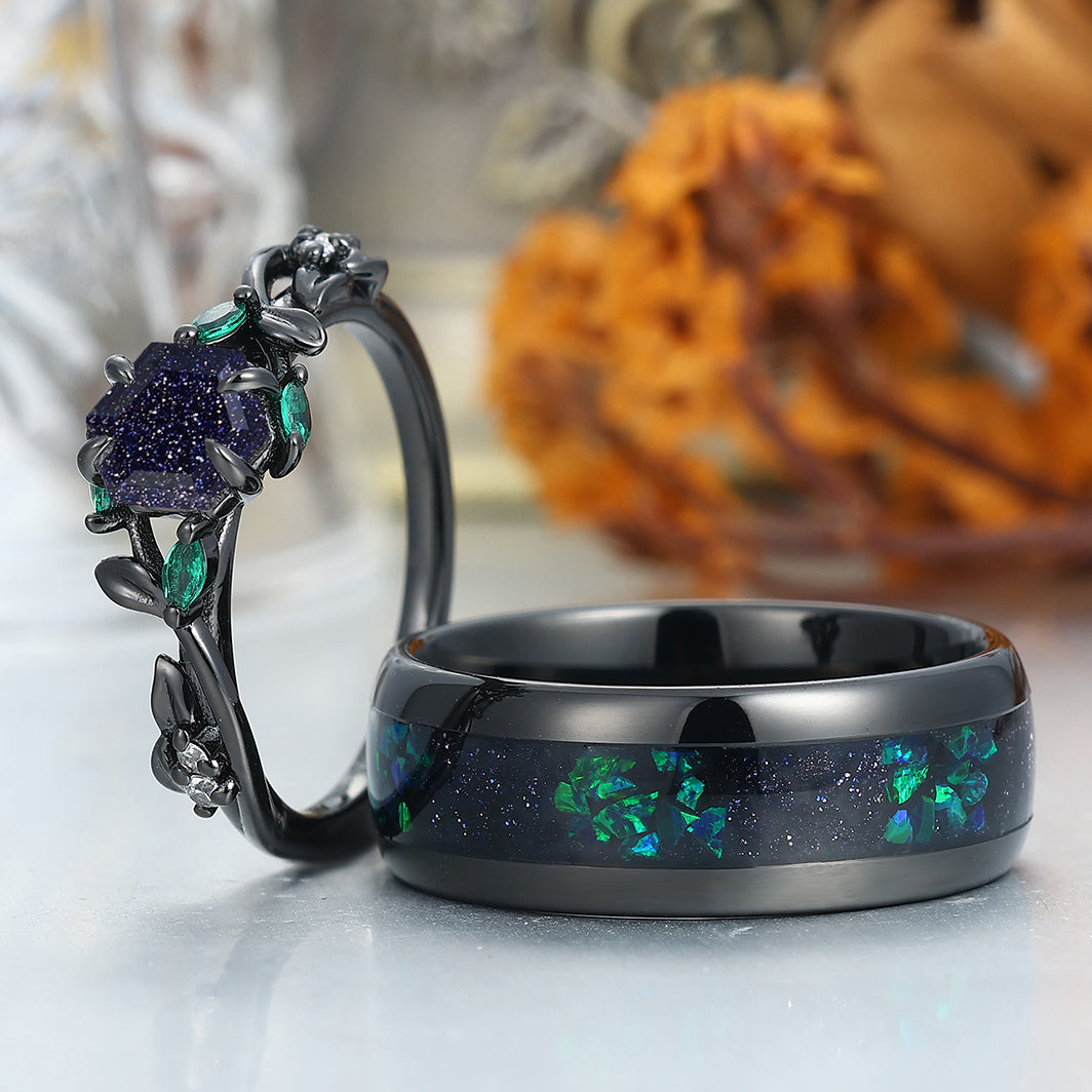 Art Deco Blue Sanstone Twigs Engagement Couple Rings Set Matching Black Tungsten Wedding Band