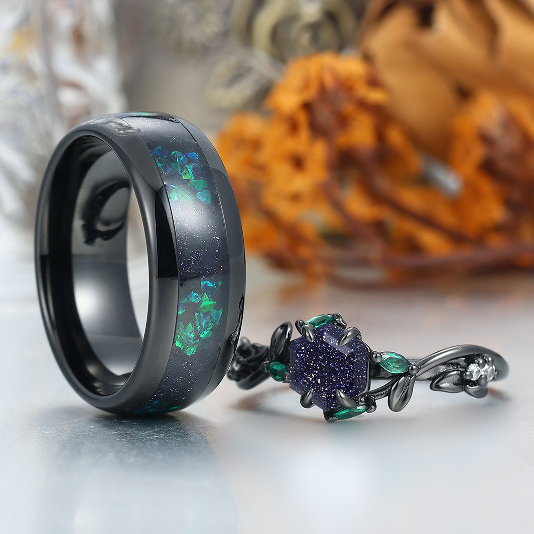 Art Deco Blue Sanstone Twigs Engagement Couple Rings Set Matching Black Tungsten Wedding Band