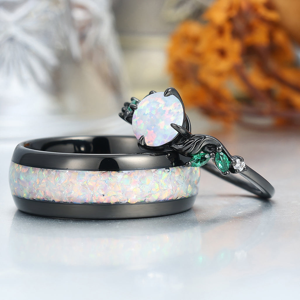 Unique Leaf Design Pink White Opal Engagement Couple Rings Personalized Anniversary Wedding Band