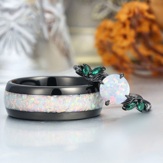Unique Leaf Design Pink White Opal Engagement Couple Rings Personalized Anniversary Wedding Band