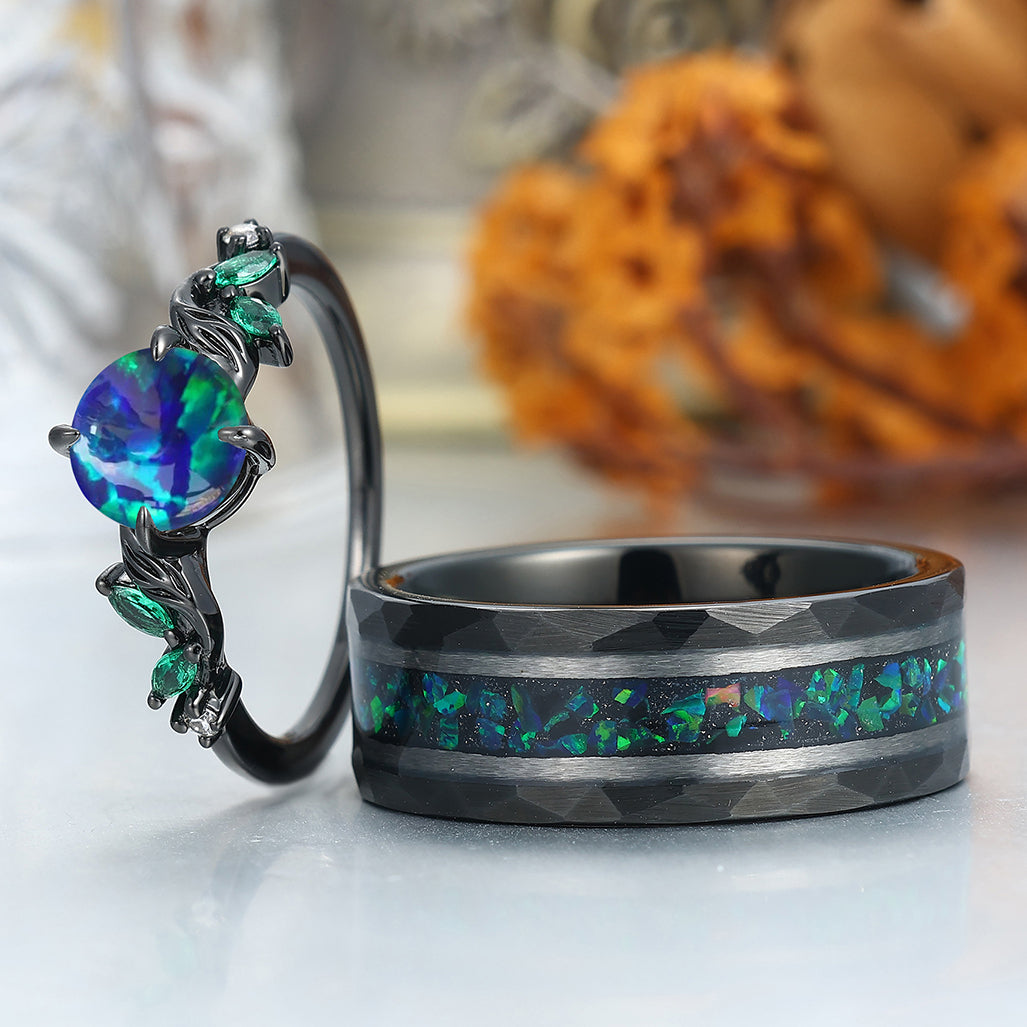 Stylish Round Shape Peacock Green Opal Engagement Rings For Couples His And Hers Marriage Ring