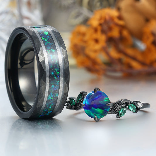 Stylish Round Shape Peacock Green Opal Engagement Rings For Couples His And Hers Marriage Ring