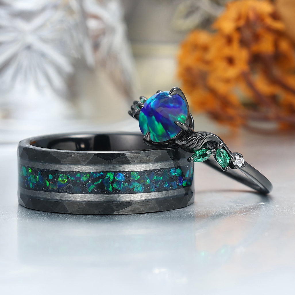 Stylish Round Shape Peacock Green Opal Engagement Rings For Couples His And Hers Marriage Ring