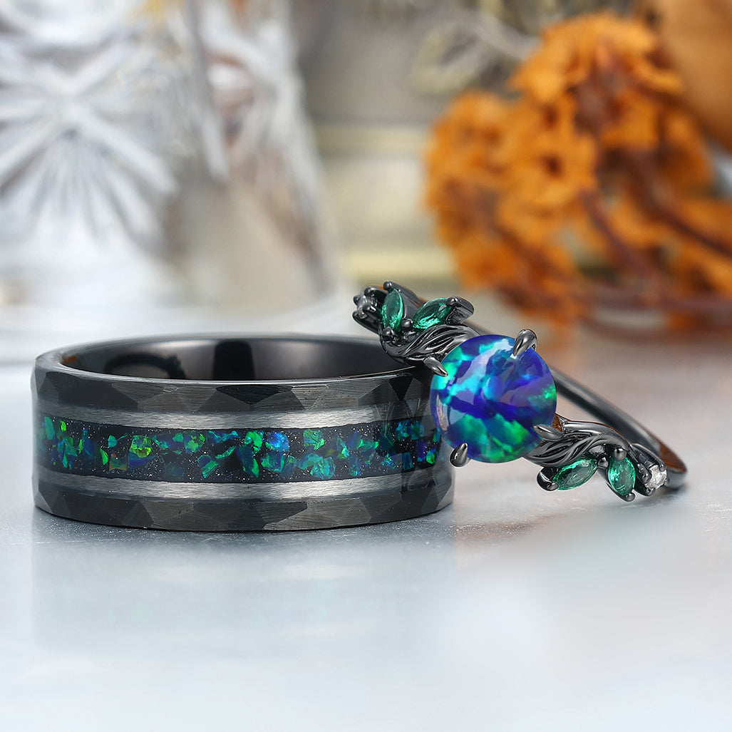 Stylish Round Shape Peacock Green Opal Engagement Rings For Couples His And Hers Marriage Ring