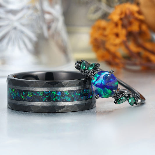 Stylish Round Shape Peacock Green Opal Engagement Rings For Couples His And Hers Marriage Ring