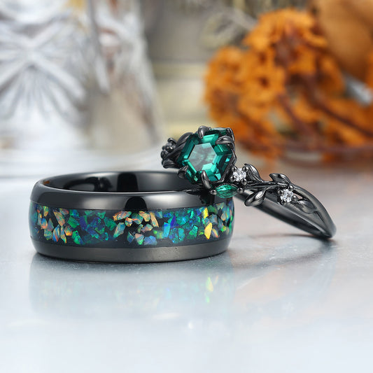 Art Deco Emerald Leaves His And Hers Wedding Band Matching Green Tungsten Couple Rings