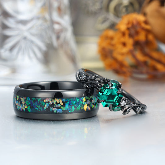 Art Deco Emerald Leaves His And Hers Wedding Band Matching Green Tungsten Couple Rings