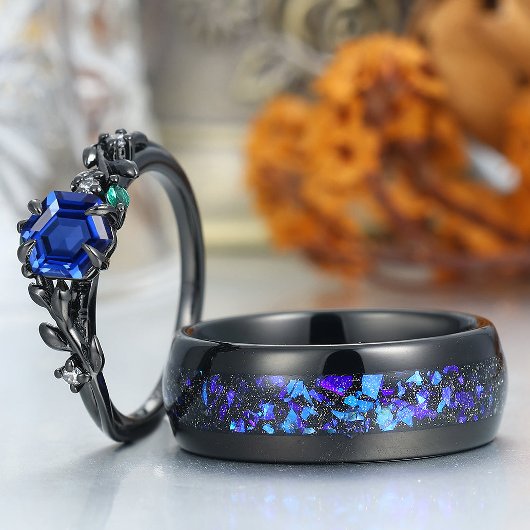 Artsy Sapphire Wheat Ear Motif Couple Rings Unique Polished Dome Tungsten Wedding Band