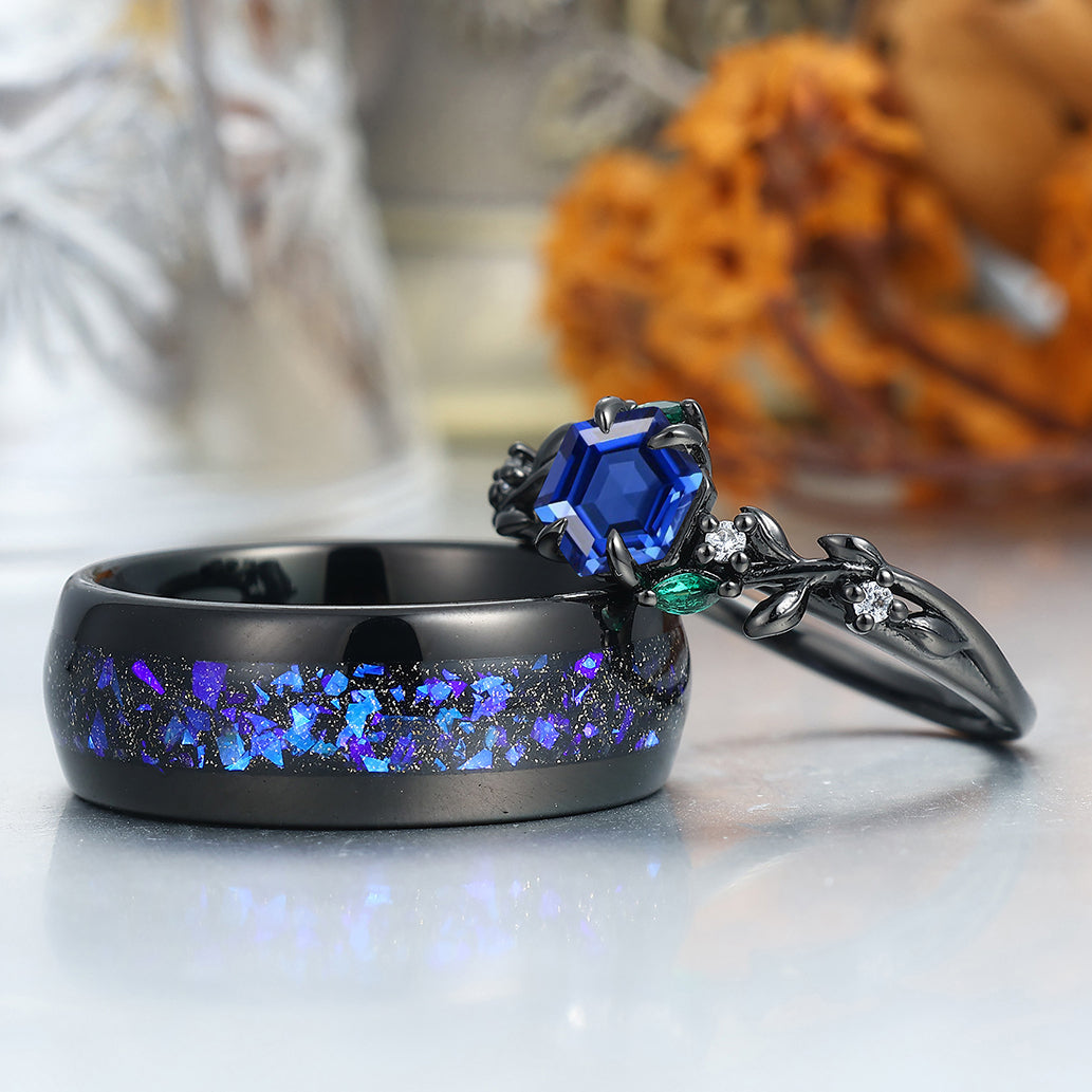 Artsy Sapphire Wheat Ear Motif Couple Rings Unique Polished Dome Tungsten Wedding Band