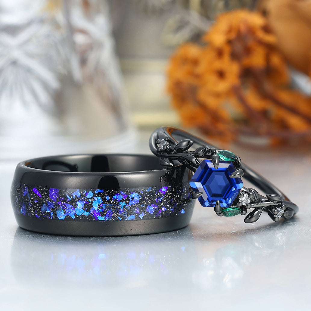 Artsy Sapphire Wheat Ear Motif Couple Rings Unique Polished Dome Tungsten Wedding Band