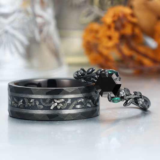 Delicate Black Onyx Leaves Engagement Couple Rings Matching Promise Wedding Bands