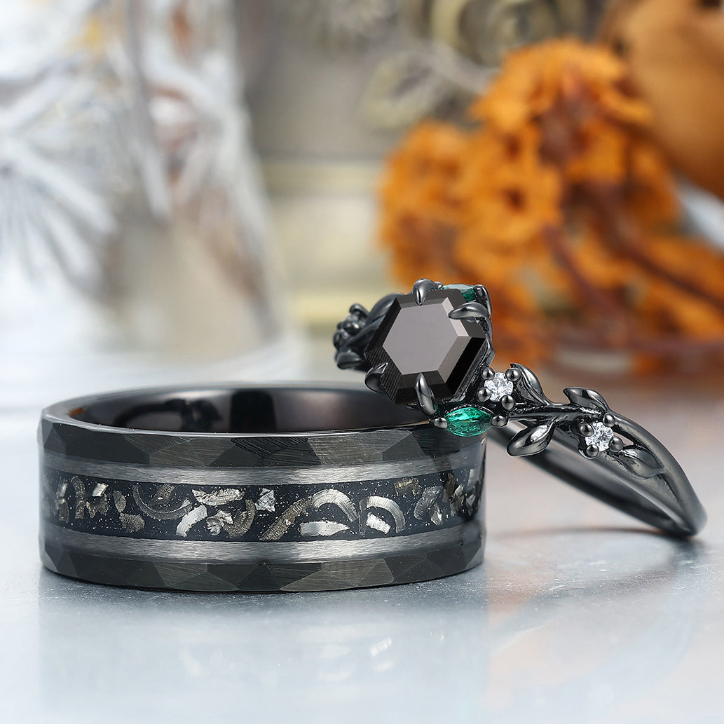 Delicate Black Onyx Leaves Engagement Couple Rings Matching Promise Wedding Bands