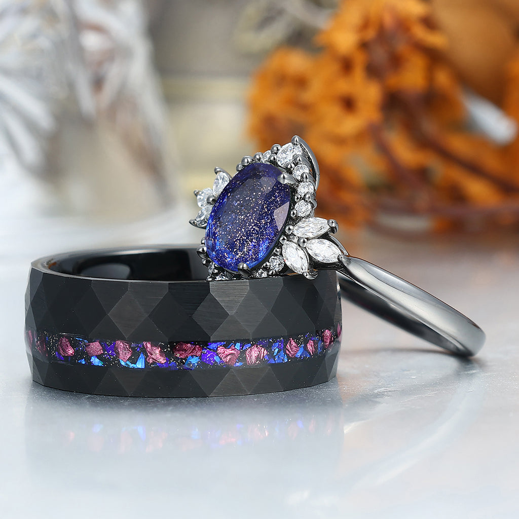 Romantic Galaxy Sandstone Engagement Couple Rings Promise Blue Hammered Tungsten Ring