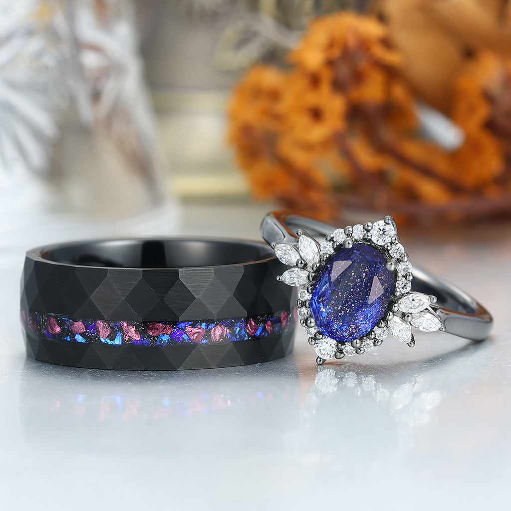 Romantic Galaxy Sandstone Engagement Couple Rings Promise Blue Hammered Tungsten Ring